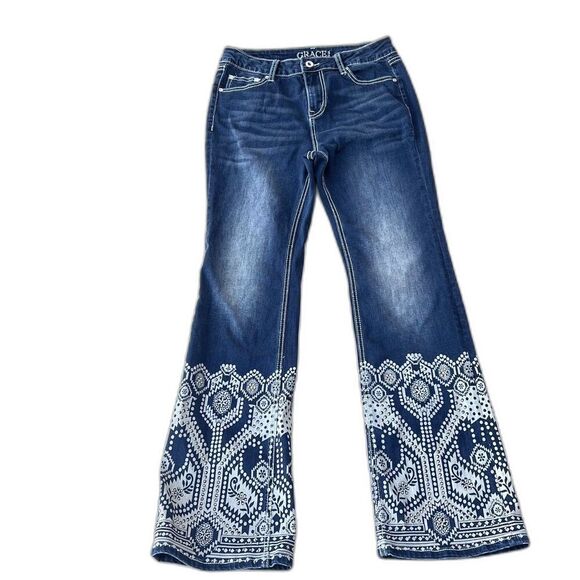 GRACE Cowgirl womens high rise bootcut jeans blue rodeo western denim print28